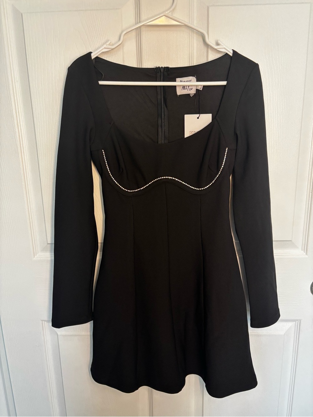 Princess Polly Black Rhinestone Trim Long Sleeve Mini Dress Size 6